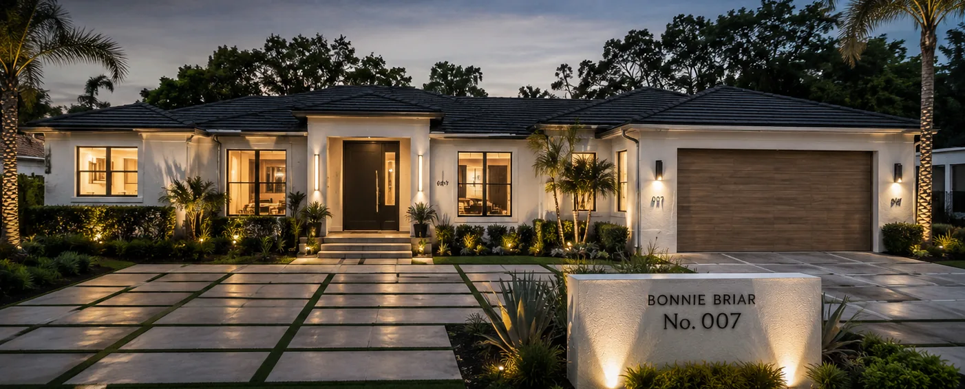 Rendering of the Bonnie Briar home exterior at dusk, showing the target finished condition